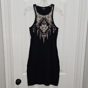 Express Black Dress with Copper Silver  Sequin Aztec Design